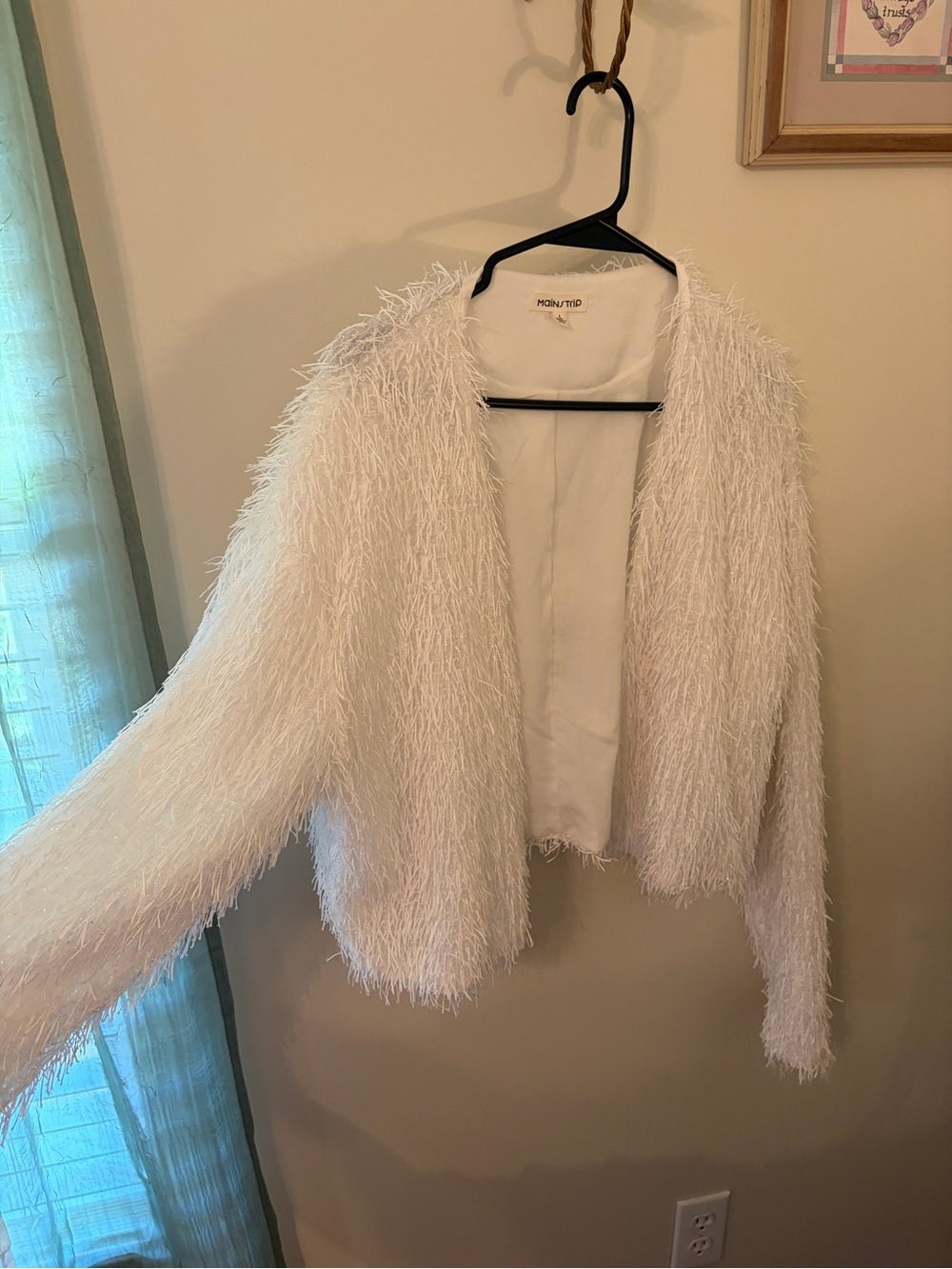Main Strip White Feather-Trim Open Front Jacket
